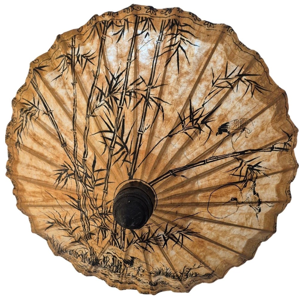 Vintage‎ Japanese Wagasa Parasol Lacquered Rice Paper & Bamboo Hand Painted